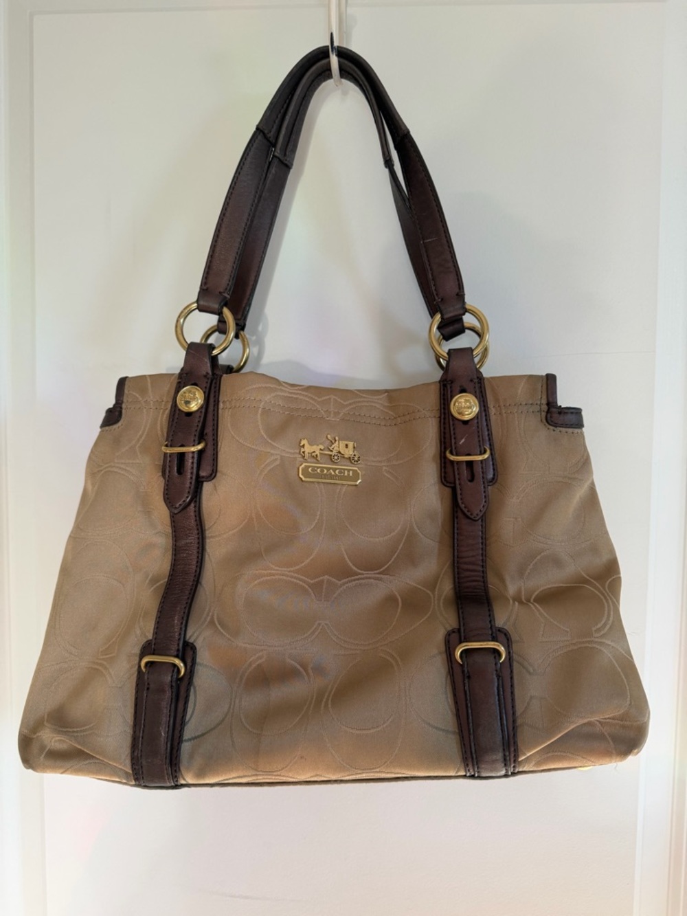 Coach Taupe Shoulder Bag with Dark Brown Trim and Gold Hardware